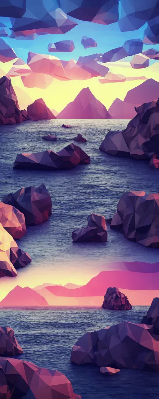 Image similar to super detailed color lowpoly art, northern sunset with rocks on front, monochrome photorealistic bay in the middle of perspective and mountains at background, big graphic ship in the middle of composition, unreal engine, high contrast color palette, 3 d render, lowpoly, colorful, digital art, perspective, robb cobb