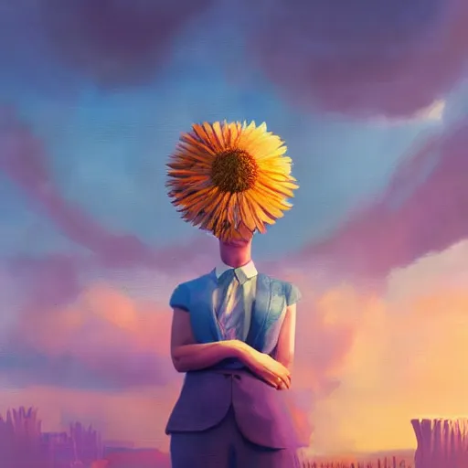 Image similar to giant daisy flower head, frontal, girl in a suit, surreal photography, sunrise, dramatic light, impressionist painting, digital painting, artstation, simon stalenhag