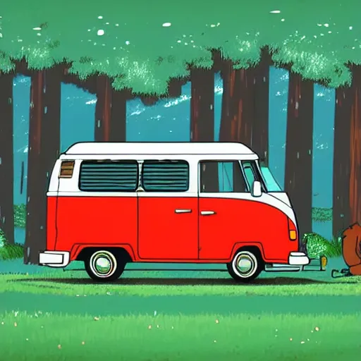 Prompt: a wide shot of a 1 9 9 0 s volkswagon camper van in a forest in the style of studio ghibli and moebius