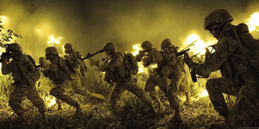 Image similar to a squad of american soldiers in combat in the vietnamese jungle at night illuminated by napalm strike, beautiful, vivid, cinematic, art by craig mullins