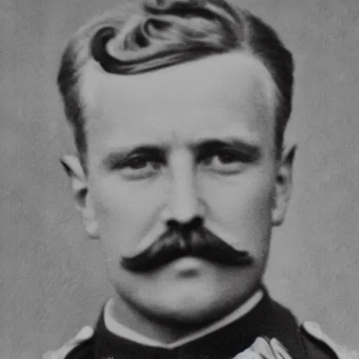 Image similar to a black and white old photo of a soldier with long blonde hair and long blonde moustache