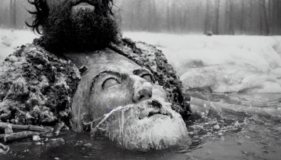 Image similar to 1 9 6 0 s movie still close up of marcus aurelius frozen to death in a river with gravel, pine forests, cinestill 8 0 0 t 3 5 mm b & w, high quality, heavy grain, high detail, texture, dramatic light, anamorphic, hyperrealistic, foggy