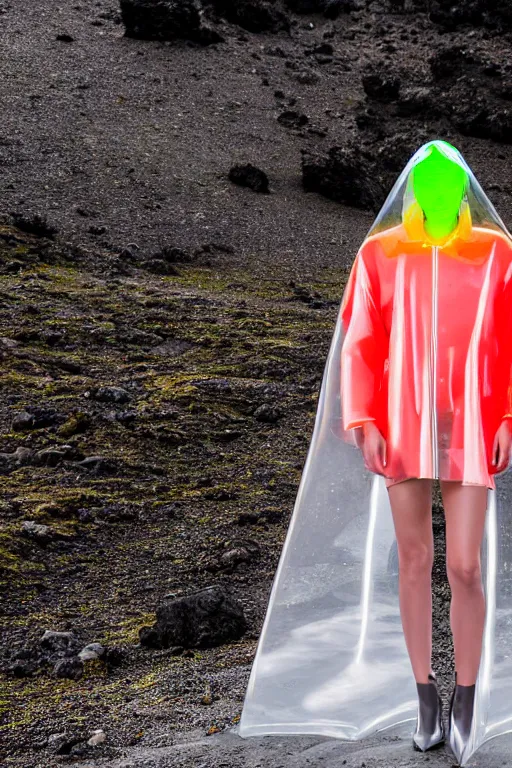 Image similar to an ultra high definition professional high fashion portrait studio full length photograph of a model wearing a transparent pearlescent raincoat and neon visor in an icelandic black rock environment at dawn. no artefacts. extremely detailed. stark. refraction. shallow depth of field. volumetric light and shadow. ray tracing. light rays.