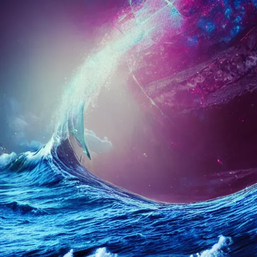 Image similar to photo of a alien surfing a surfboard on a crashing l wave of alien ocean in space, background is an alien galaxy, aliens in the background, alien colors, octane render, unreal engine, wide view, 8 k, high detaild