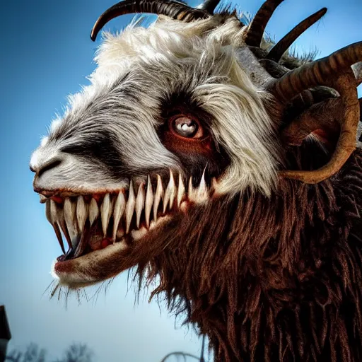 Prompt: horror photography, cinematic, daytime, wide shot, mutant goat monster with a mouth crammed full of sharp teeth, filthy matted fur and mountain goat horns, village square