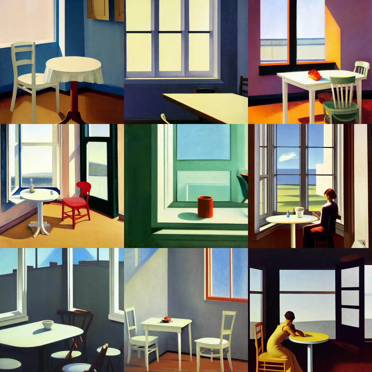 Prompt: interior white wall, open window in background, two plastic chair behind a table, soft light from the window, nothing but cloudy sky outside the window, muted painting by edward hopper