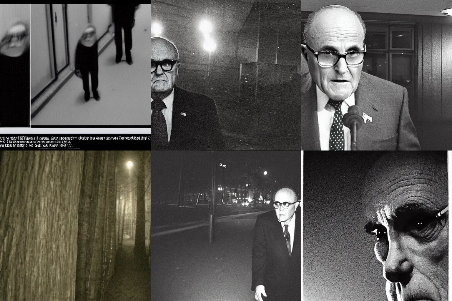 Prompt: Rudy Giuliani trail cam at night, creepy, cctv footage