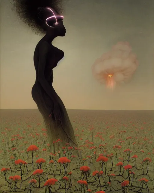 Image similar to A portrait of a woman wearing clothes made out of dying flowers, nuclear explosion in the background, Masterpiece, deep black skin, glowing, wires everywhere, by Edgar Maxence and Ross Tran, Zdzisław Beksiński, and Michael Whelan, distant, gustav dore, H.R. Giger, 8k, octane render