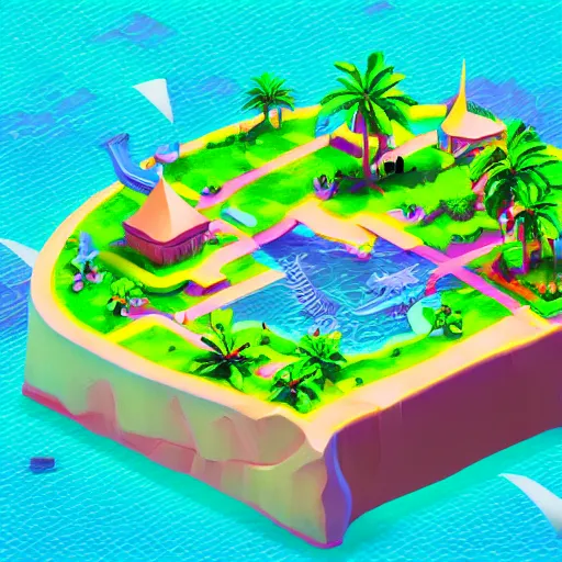 Prompt: isometric island on neon background, isometric invironment, 3d art, isometric art, high detail, artstation, concept art, behance, ray tracing, smooth, sharp focus, ethereal lighting