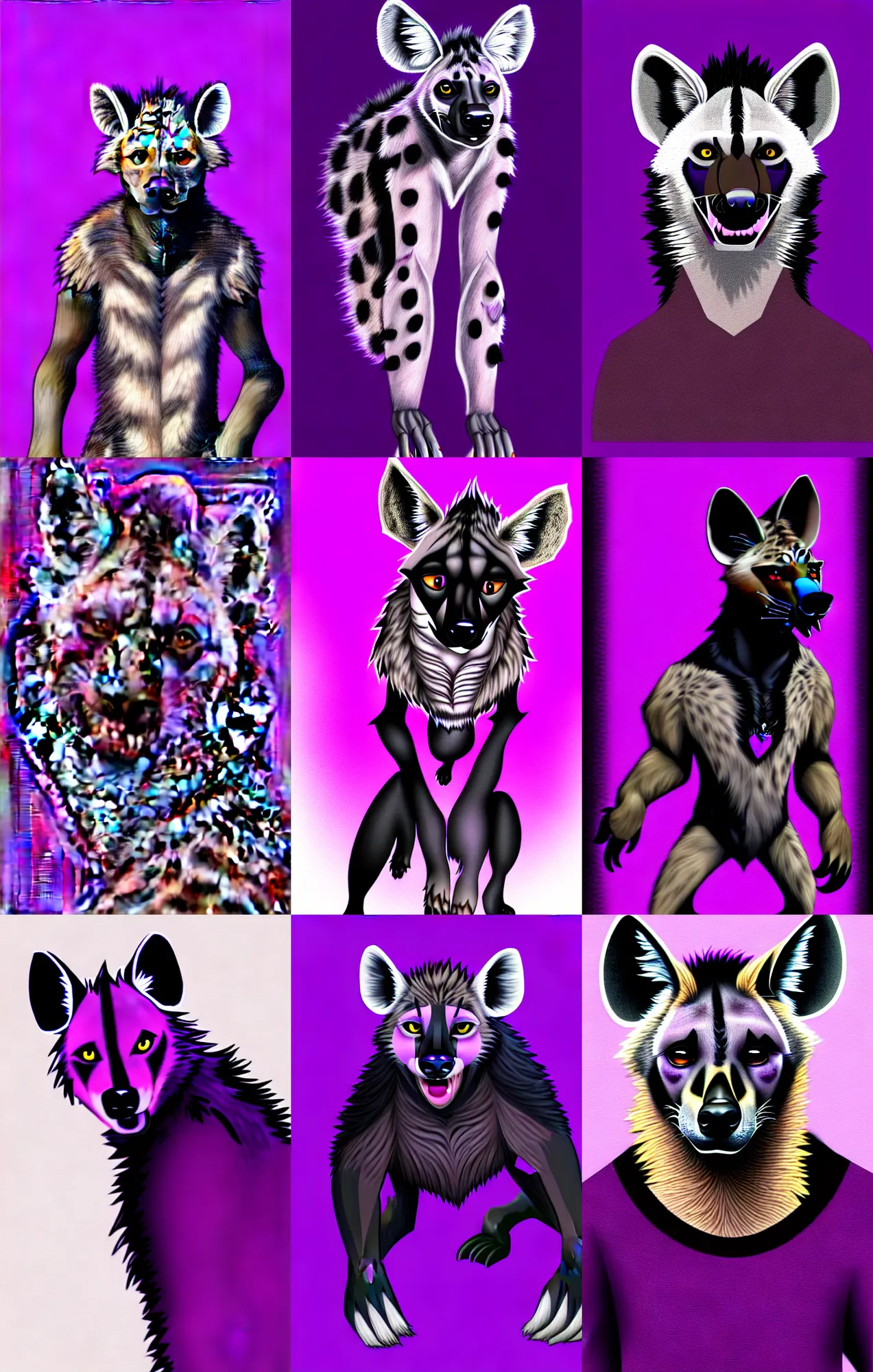 Prompt: a full - body centered front - perspective furry portrait, a male hyena fursona, purple and black color scheme, trending on weasyl, high - resolution, photorealistic