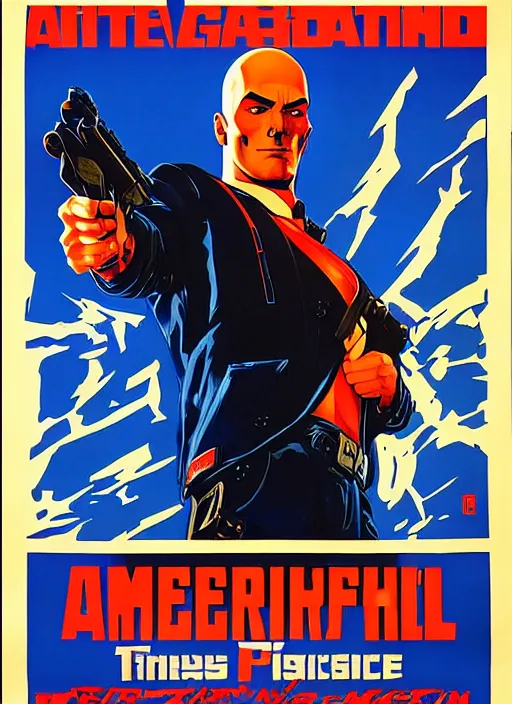 Image similar to american propaganda poster. cyberpunk hitman. portrait by jean giraud and anton otto fischer and john philip falter and will eisner and gil elvgren. realistic proportions. character art. science fiction d & d. tf 2, overwatch.