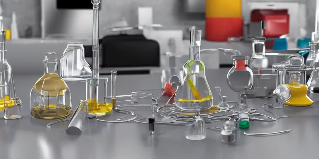 Image similar to instruments being used to mix chemicals, scientist, blender, 3d, apartment