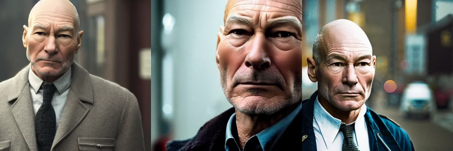 Prompt: close-up of Patrick Stewart as a detective in a movie directed by Christopher Nolan, movie still frame, promotional image, imax 70 mm footage