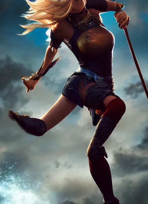 Image similar to An epic fantasy comic book style portrait painting of an athletic female thief with blonde hair dancing, unreal 5, DAZ, hyperrealistic, octane render, cosplay, RPG portrait, dynamic lighting, high detail