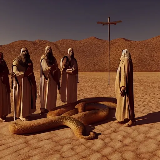 Image similar to moses and the hebrew people in desert praising a golden snake, cinematic view, ultra hd