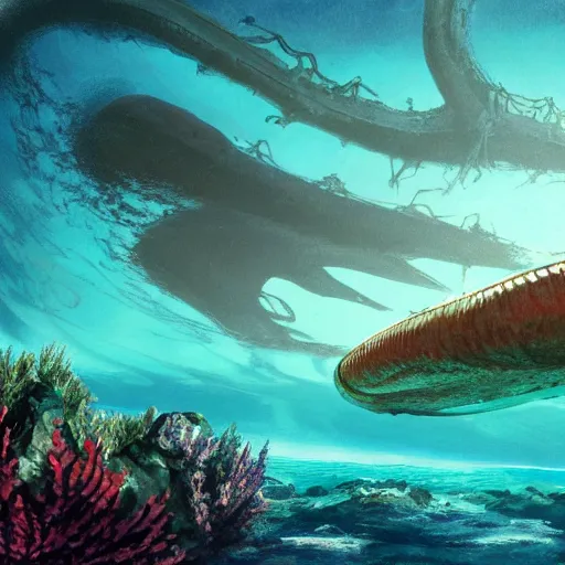 Image similar to underwater view of a strange alien world, some washed out red and green plant life, giant leviathan swimming far in the background, deep blue sea color, artstation