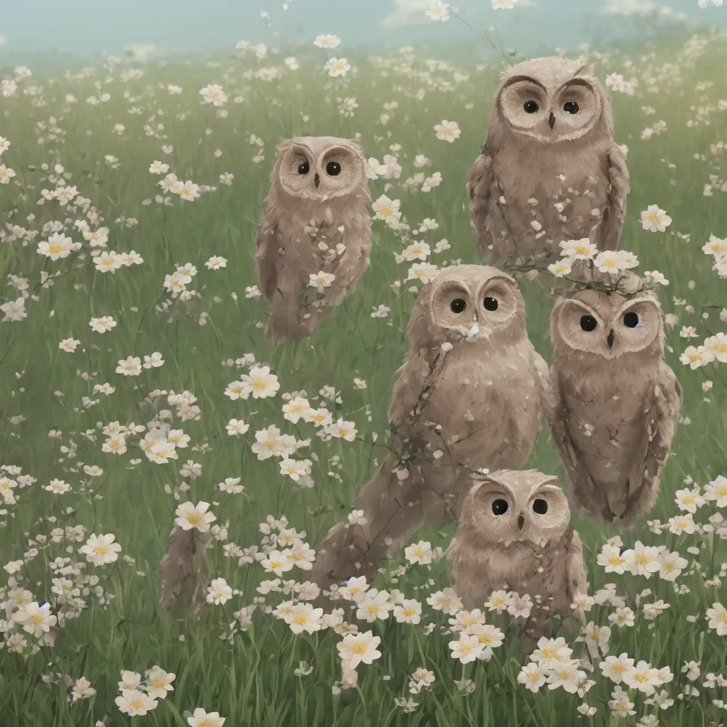 Prompt: film still of happy content cute owls wearing flowers and hats, in a field of delicate dainty blossoms, makoto shinkai, cinematic lighting, volumetric lighting, sunny, highly detailed, hand drawn, intricate, illuminated, 8k