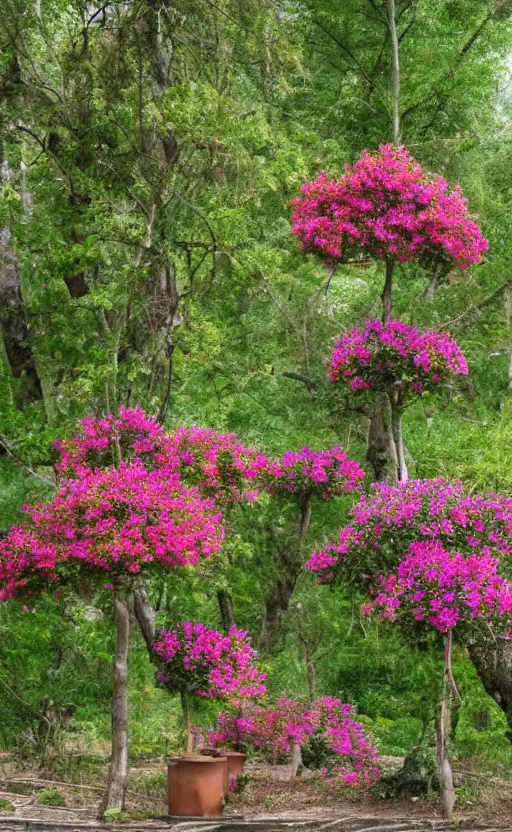 Prompt: flower sized trees and tree sized flowers