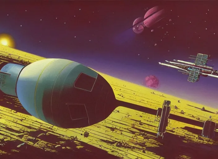 Prompt: a huge 1 9 7 0 s - style vividly - coloured spacecraft in an empty landscape by martin deschambault, dean ellis, peter elson, josan gonzalez, david a hardy, john harris, wadim kashin, angus mckie, bruce pennington, retro sci - fi art