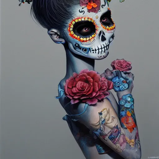 Prompt: realistic detailed painting of a cute punk Día de los Muertos girl by James Jean and Wayne Barlowe, cgsociety 8k