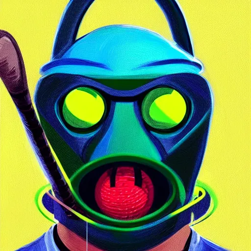 Image similar to a tennis ball monster with a tennis racquet, bust shot, balaclava, face covered, smooth, intricate, elegant, power aura, digital painting, artstation, concept art, sharp focus, illustration, art by basil gogos - h 6 4 0
