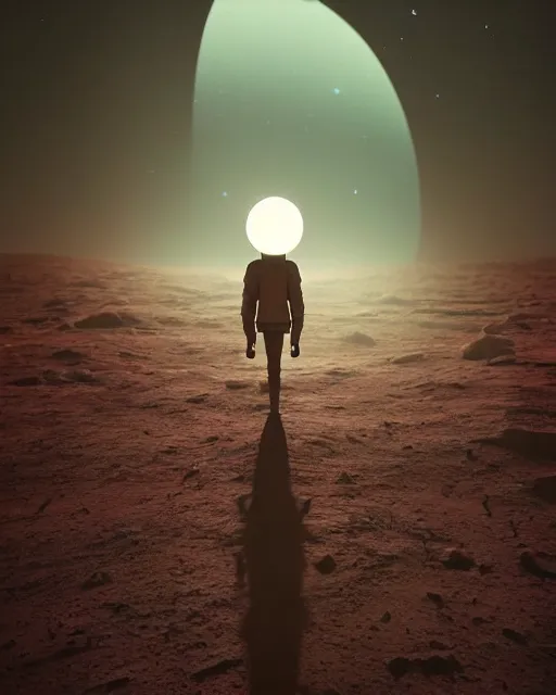 Image similar to a person standing in front of a glowy open door that's on a barren moon, poster art by mike winkelmann, trending on cg society, space art, sci - fi, ue 5, futuristic, volumetric lighting, light casting onto the ground, neat composition and camera angle