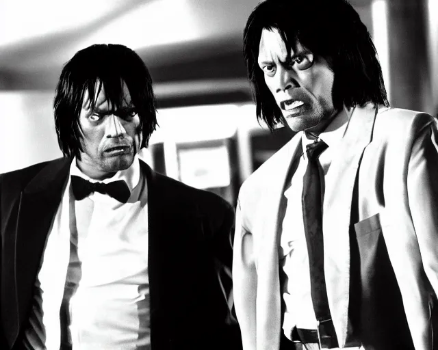 Prompt: detailed Mads Mikkelsen as Vincent Vega in Pulp Fiction with his partner Jules Winnfield, movie scene