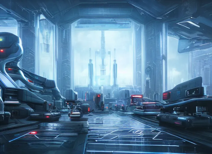 Image similar to cult of technology, exterior of scifi temple, machines, robots, ultra realistic, transparent labs, computers, highly detailed, futuristic landscape, city, utopian architecture, atmosphere, masterpiece, holy place, epic lighting, glowing wires, mysterious, 4 k, cinematic, art by patryk olkiewicz and chris ostrowski and liang yao