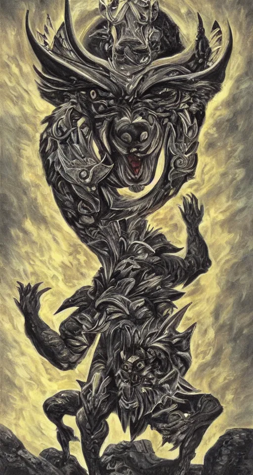 Image similar to escher oil painting of a wolf god of thunder, apocalyptic