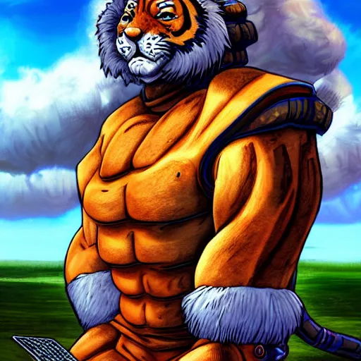 Image similar to anthropomorphic tiger warlord sit on his throne in the style of Akira Toriyama, digital art, detailed, stylized, full body portrait