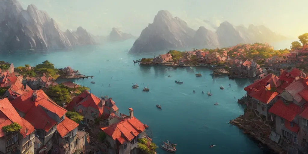 Prompt: Cozy small village on a cape, red roofs, fishing boats, view from above. In style of Greg Rutkowski, Jesper Ejsing, Makoto Shinkai, trending on ArtStation, fantasy, great composition, concept art, highly detailed, scenery, 8K, Behance.