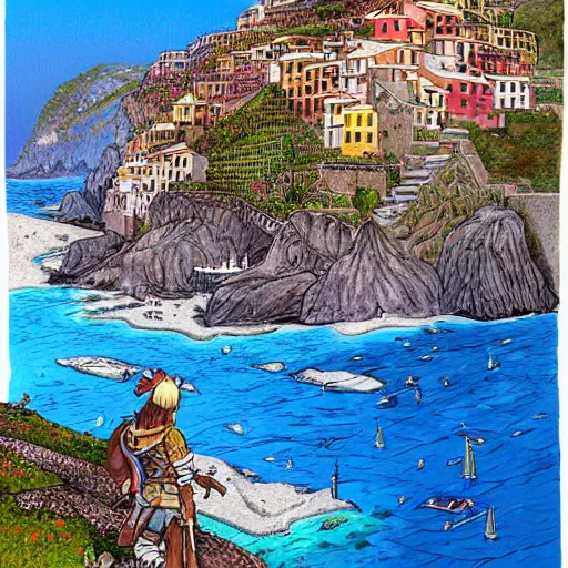 Image similar to illustration, french bande dessinée, final fantasy 9, mediterranean landscape, quaint village, cinq terre, highly detailed, luminous, by moebius, concept art by pixar, unreal engine