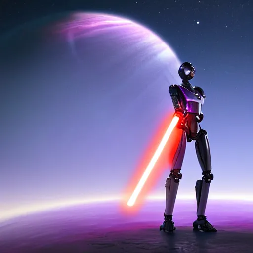 Image similar to humanoid robot in fighting stance wielding lightsaber in front of a violet planet in the sky, unreal engine, featured on cgsociety, trending on artstation, detailed, scifi futuristic character concept, simon stalenhag, movie still, octane render, hubble telescope, violet planet, stars, hyperrealistic, cinematic, by weta digital, epic action pose