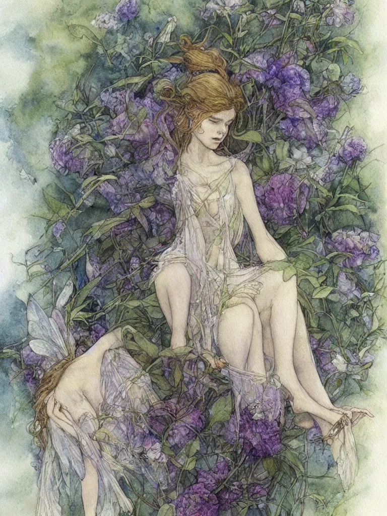 Prompt: study of a flower fairy, illustration, watercolor, alan lee, detailed, pretty, ethereal,