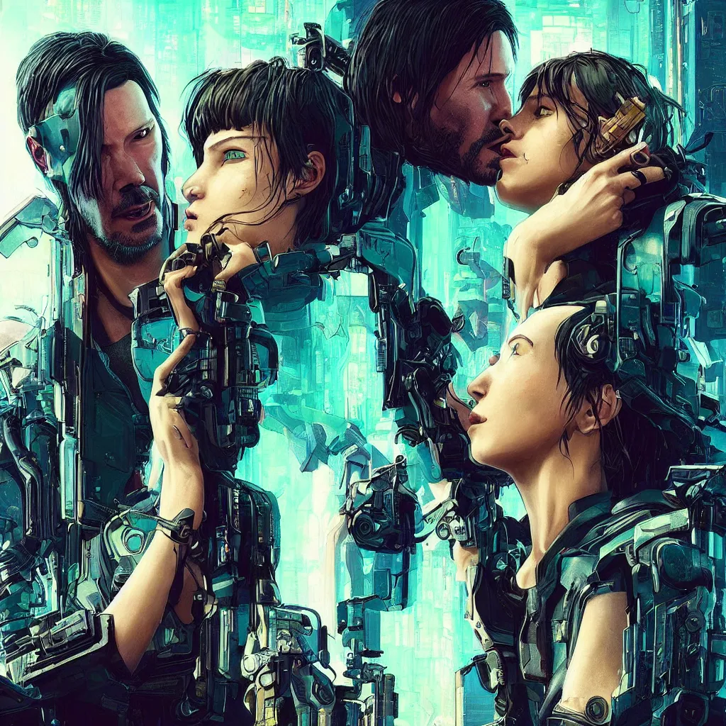 Image similar to a cyberpunk 2077 srcreenshot couple portrait of Keanu Reeves and female android final kiss,love,film lighting,by Laurie Greasley,Lawrence Alma-Tadema,Andrei Riabovitchev,Dan Mumford,John Wick,Speed,Replicas,artstation,deviantart,FAN ART,full of color,Digital painting,face enhance,highly detailed,8K,octane,golden ratio,cinematic lighting