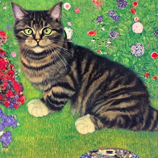 Image similar to portrait of a very fluffy dark tabby cat with green eyes, happy cat, canned food, moonlight, full body, smiling cat, golden colors, flowers, intricate, elegant, highly detailed, smooth, sharp focus, illustration, art by gustav klimt