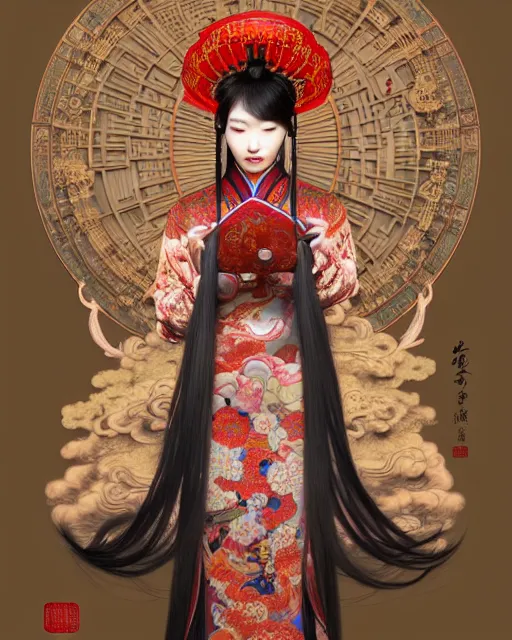 Image similar to pretty chinese model with hallucination mushroom, machine face, upper body, decorated with chinese opera motifs, asian, traditional chinese art, intricate, elegant, highly detailed, digital painting, artstation, concept art, smooth, sharp focus, illustration, art by artgerm and greg rutkowski and alphonse mucha, 8 k