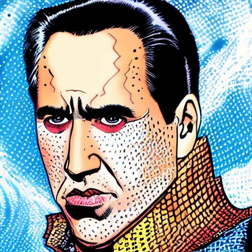 Image similar to dynamic macro head portrait of beautifu l nicholas cage super hero in white sequined jacket by john romita sr and cory walker and ryan ottley and jack kirby and barry windsor - smith, comic, illustration, photo real