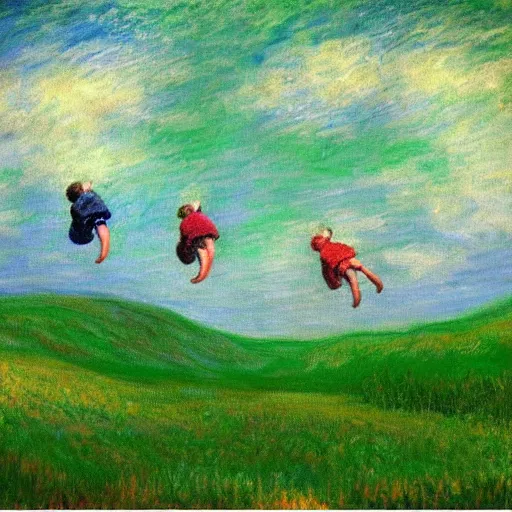 Image similar to a painting of three small people flying over rolling green hills, far away, inspiring, beautiful, brightly colored, paranormal, in the style of Monet, red and green color scheme, Kanye West Donda Album Cover