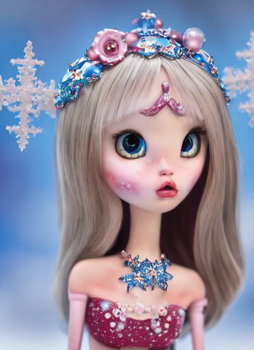 Image similar to closeup profile portrait of tin toy fairytale princess ice snow bikini girl, depth of field, zeiss lens, detailed, symmetrical, centered, fashion photoshoot, by nicoletta ceccoli, mark ryden, lostfish, breathtaking, 8 k resolution, extremely detailed, beautiful, establishing shot, artistic, hyperrealistic, octane render