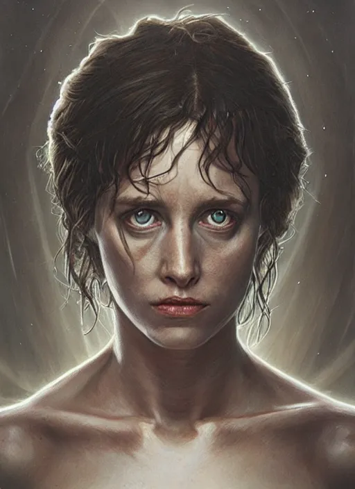 Image similar to a hyper detailed chest and head portrait of ellen ripley becoming a xenomorph, by tom bagshaw, by zdzisław beksinski, trending on artstation