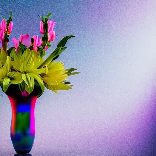 Image similar to An ultra high definition studio photograph of an alien flower in a simple vase on a plinth. The flower is multicoloured iridescent. High contrast, key light, 70mm.