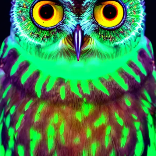 Image similar to wise owl with glowing disney eyes, realistic high detailed scales octane render, portrait, face symmetry, centered, anime style, disney character style green enlightened background