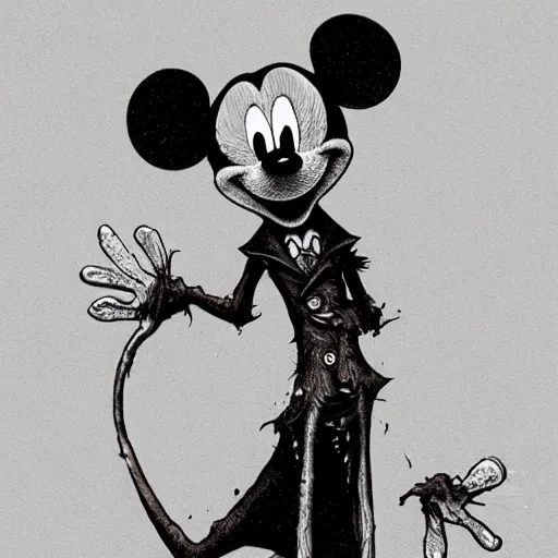 Image similar to michael karcz grunge drawing of mickey mouse. , in the style of corpse bride, loony toons style, horror themed, detailed, elegant, intricate, trending on artstation, 4k