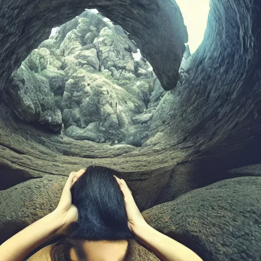 Image similar to Woman sitting under a ginormous rock overhead, partially cupping her hands, gesturing it outward!!!!! to the camera!!!!!, in a rainy environment, fisheye!!!!! lens!!!!!, rainy and wet atmosphere, closeup!!!!!, dark and grim lighting, trending on artstation, 4k, 8k