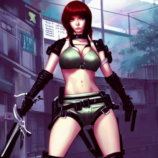 Prompt: concept art illustration of young japanese christina hendricks natalie portman as lara croft motoko kusanagi anime protagonist, wearing tokyo harajuku street fashion combat warrior fantasy bikini, intricate, elegant, art by kim hyng tae, style of blade and soul, and rosstran, masamune shirow