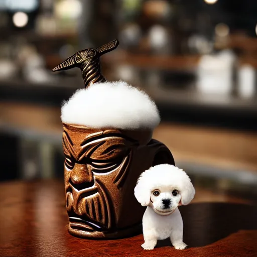 Image similar to a photorealistic photograph of a Trader Vic's Tiki Mug featuring a Bichon Frisé puppy at bar Trending on Artstation, featured on Behance, well-rendered, Unreal Engine, 4K HD