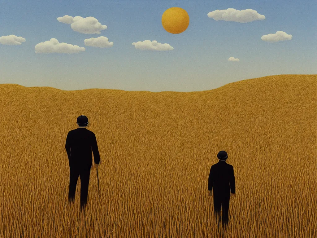 Prompt: a painting of a lonely figure walking away in a wheat field with planet circles above the horizon on a bright noon, minimalistic, sharp edges, elegant, highly detailed, digital painting, artstation, concept art, smooth, sharp focus, colored illustration for tattoo, art by krenz cushart and rene magritte and david inshaw,