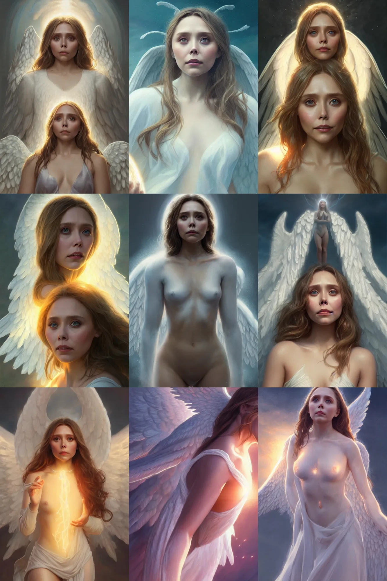 Prompt: elizabeth olsen as a heavenly angel, anatomy, bathing in light, highly detailed, photorealistic, artstation, smooth, sharp focus, illustration, unreal engine 5, 8 k, art by art by artgerm and greg rutkowski and edgar maxence