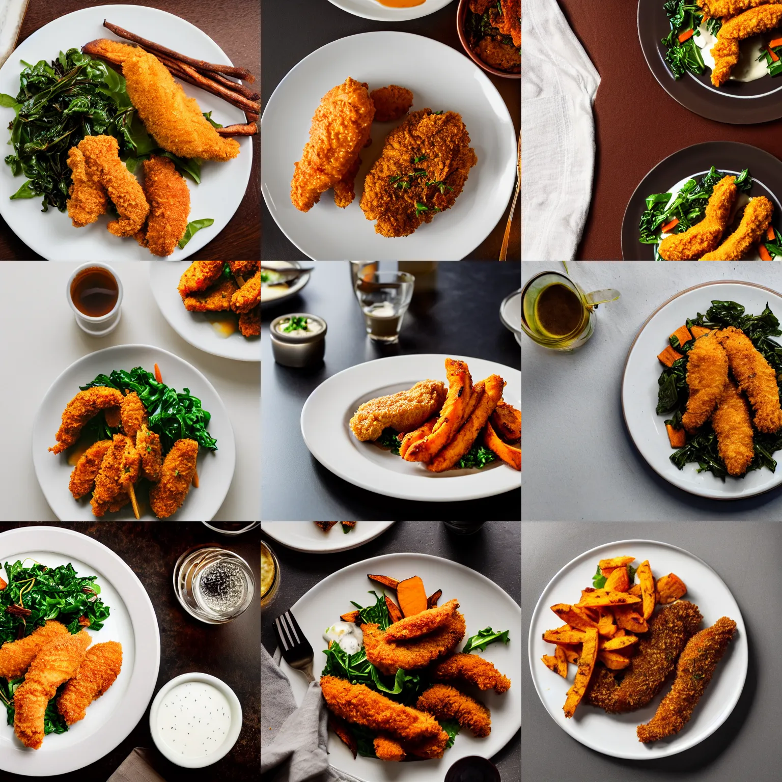 Prompt: Warm ambient lighting, photo of chicken tenders with a side of sweet potato hash and collared greens, three MICHELIN stars, presented on a white-colored plate, sitting on a mocha-colored table, 80mm lens, f-stop 2.8, soft focus